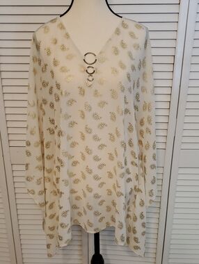 Michael Kors Cream and Gold Paisley Chiffon Poncho Top, Size L/XL